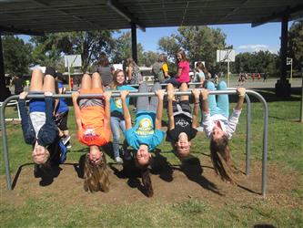 Four girls on parallel bars, upside down