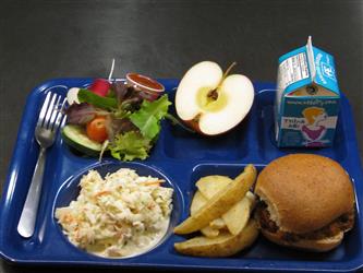 School lunch with burger and milk