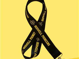 Black lanyard with yellow "B Bidwell Pioneers" text printed on it