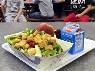 Salad on tray with milk