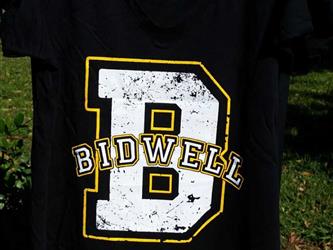Black t-shirt with white and yellow Bidwell logo