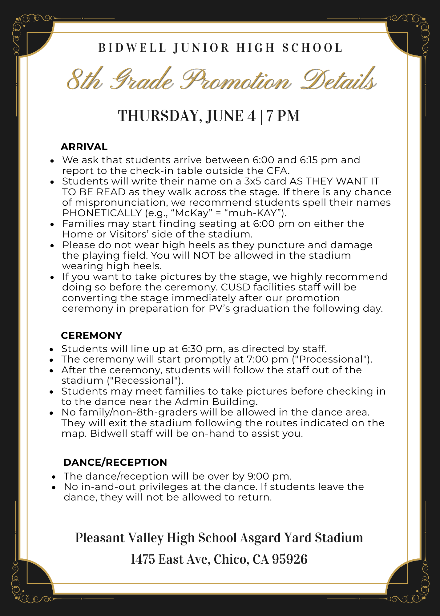 Flyer with 8th Grade Promotion Details - Plain text version is on the web site.